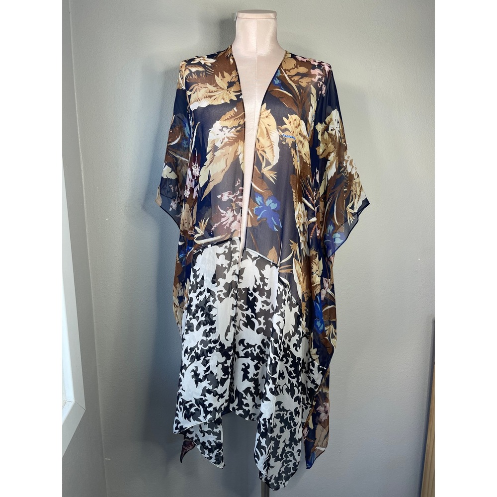 Vintage Citrus Kimono Wrap Navy Brown Floral Silk Sequin Mixed Print One Size